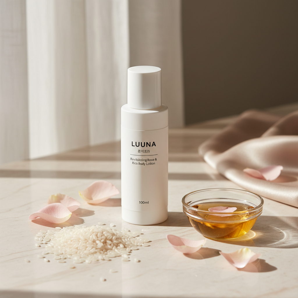 Rice & Rose Radiance Body Lotion 100ml with rice grains and rose petals on marble