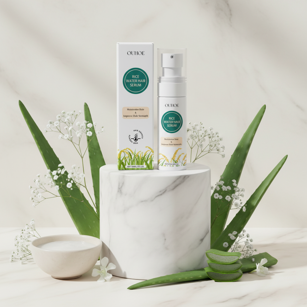 Rice Water Hair Serum Spray on white marble with aloe and white flowers