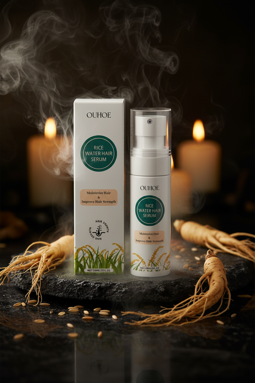 Rice Water Hair Serum Spray on obsidian stone with candlelight and ginseng roots