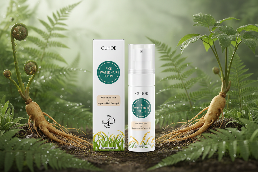 Rice Water Hair Serum Spray in lush botanical setting with ferns and ginseng