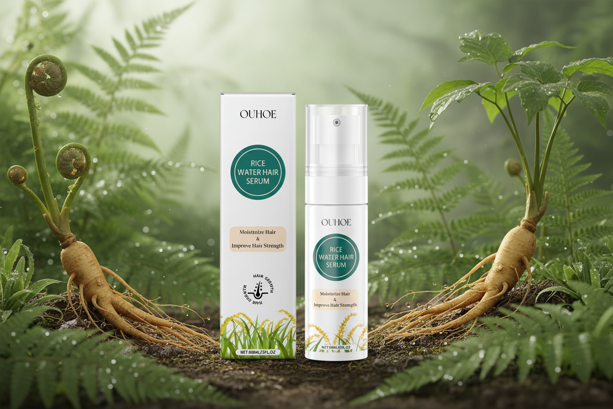 Rice Water Hair Serum Spray in lush botanical setting with ferns and ginseng