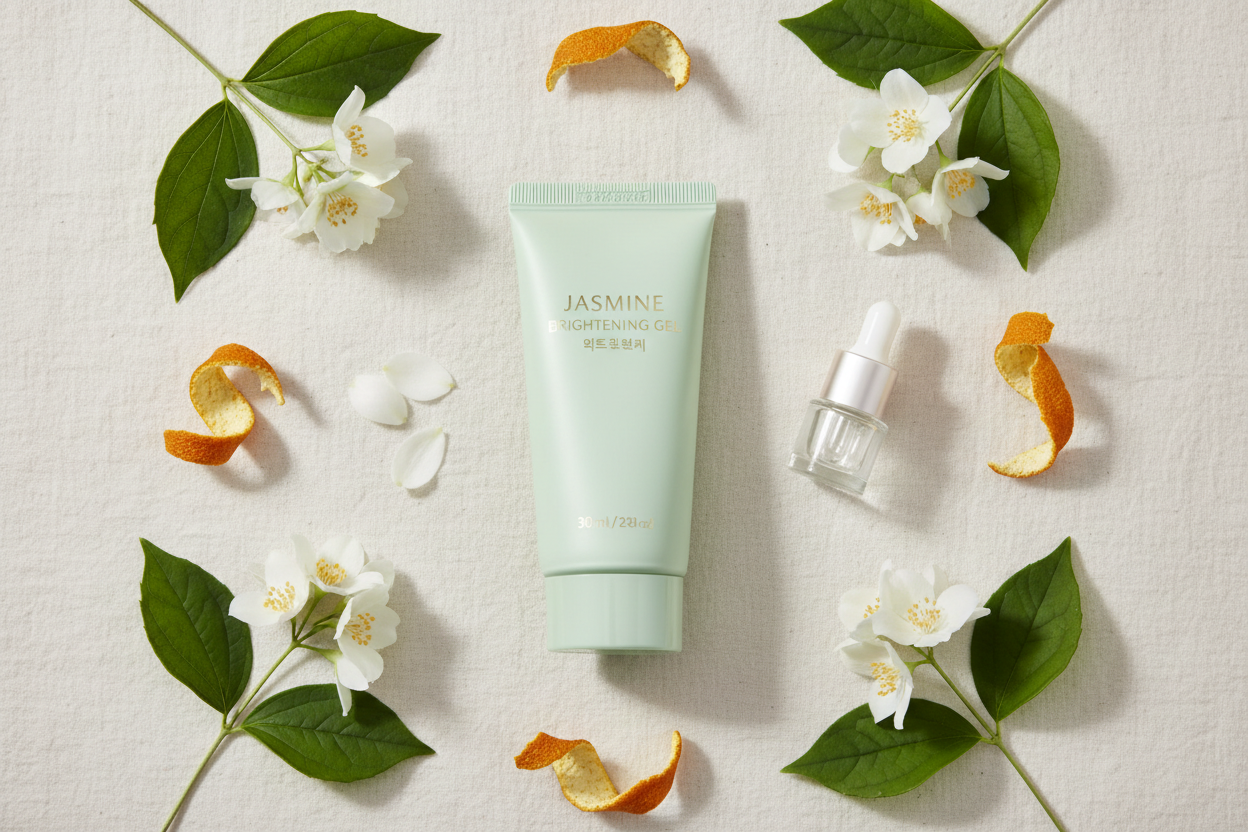 Flat lay of Jasmine Brightening Moisture Gel with botanicals on linen