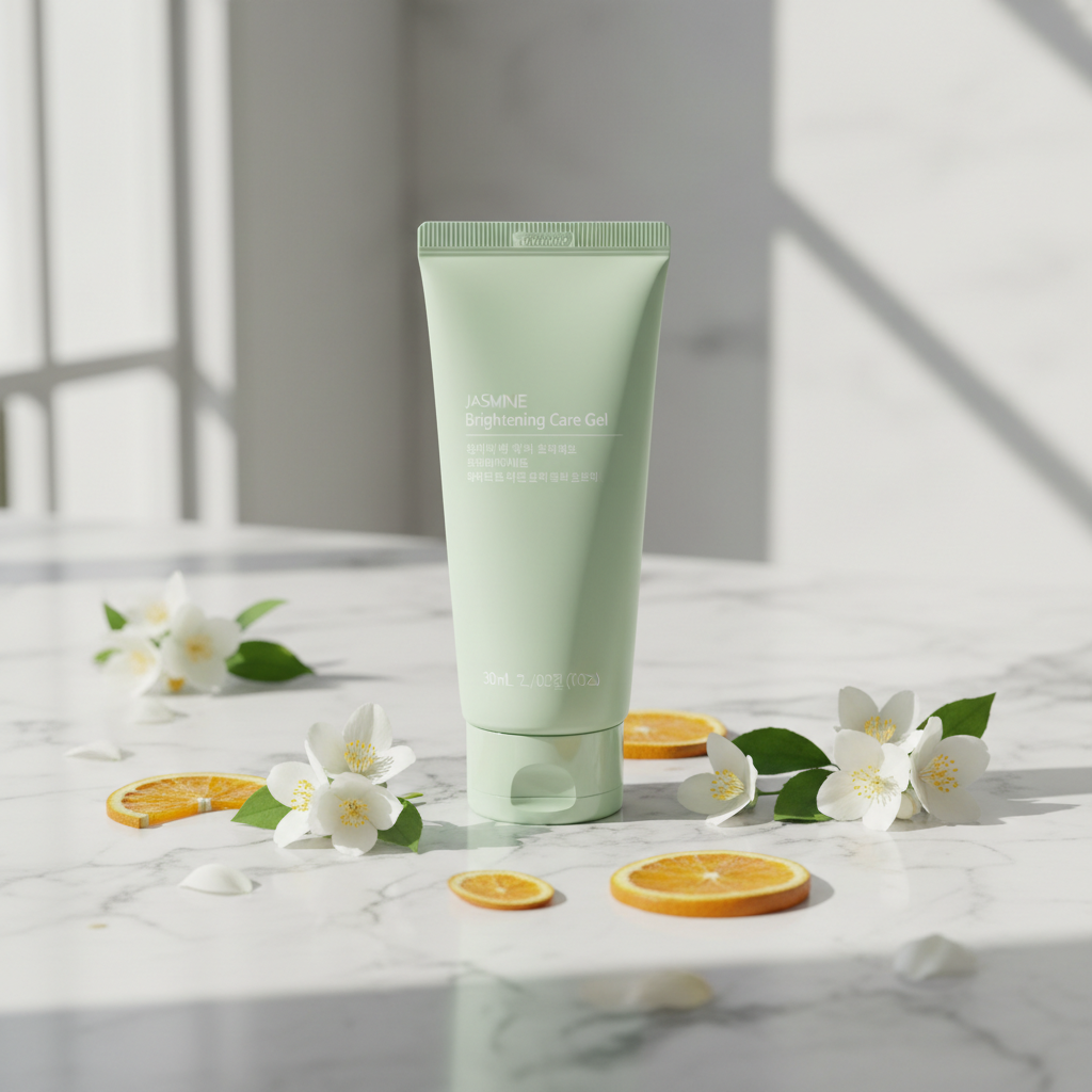 Jasmine Brightening Moisture Gel 30ml on marble surface with jasmine flowers